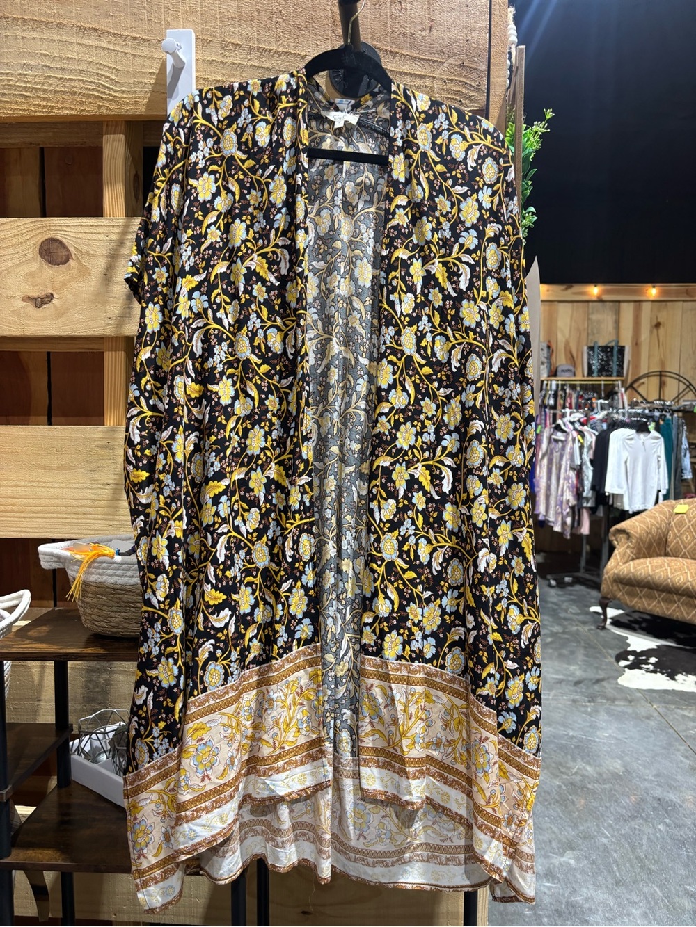 Boho Floral Open-Front Kimono - Black & Yellow